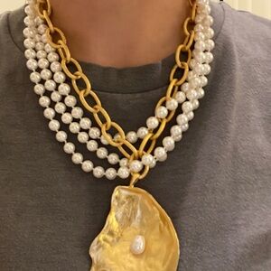 Susan Shaw Multi Strand Necklace- Gold and Pearl with Oyster Shell Pendant